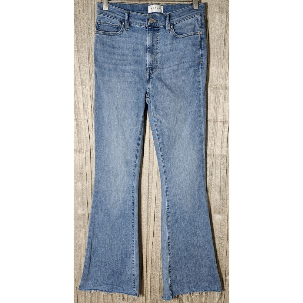 Frame Womens 27 High Rise Flare Jeans Light Wash Raw Hem Stretch Sculpting
